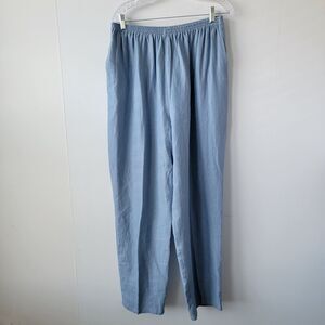 vntana women's 100% linen pants size L pull on elastic waist blue beach costal